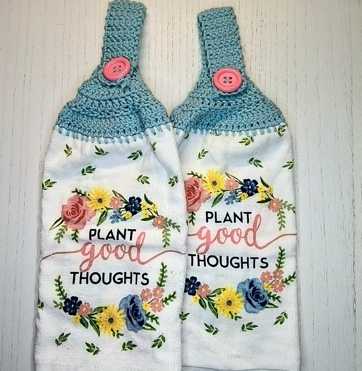 Crochet Top Plant Good Thoughts Floral Hanging Dish Towels with Potholders & Oven Mitt Set