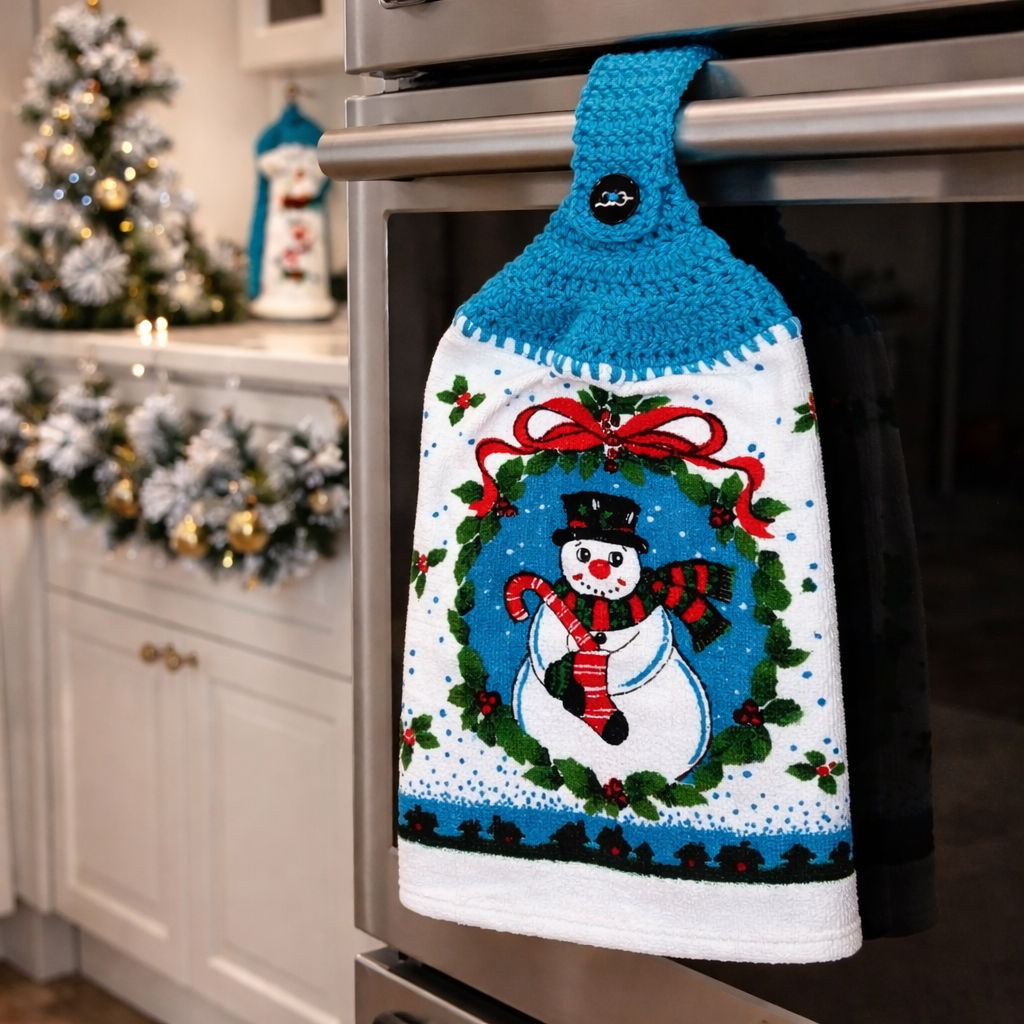 Crochet Top Charming Snowman & Candy Cane Wreath Hanging Dish Towel