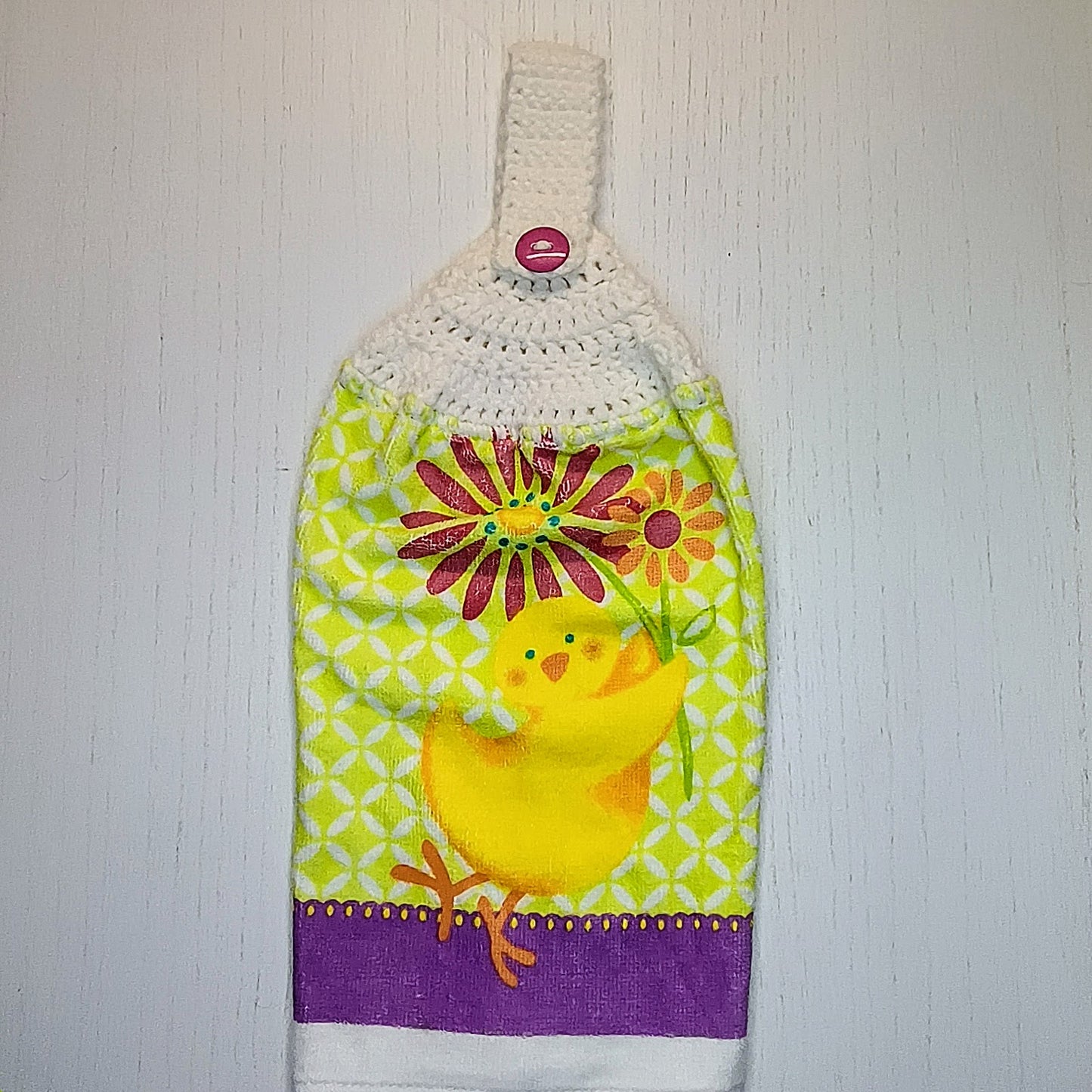 Crochet Top Whimsical Yellow Chicken & Floral Top Hanging Dish Towel
