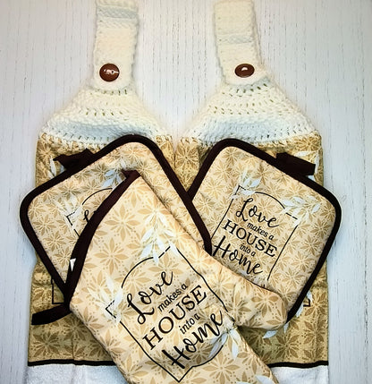 Crochet Top Love Makes a House into a Home Hanging Dish Towel Set with Potholders & Oven Mitt