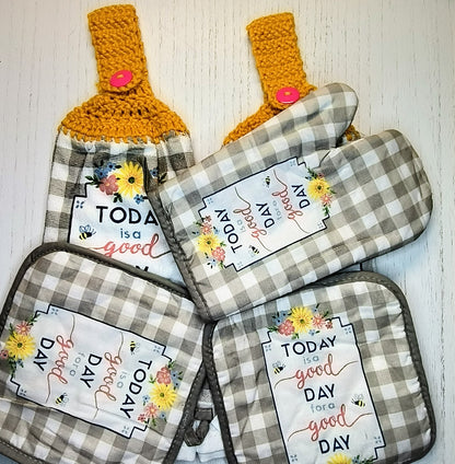 Crochet Top Today is a Good Day Floral Hanging Dish Towel & Potholder Set