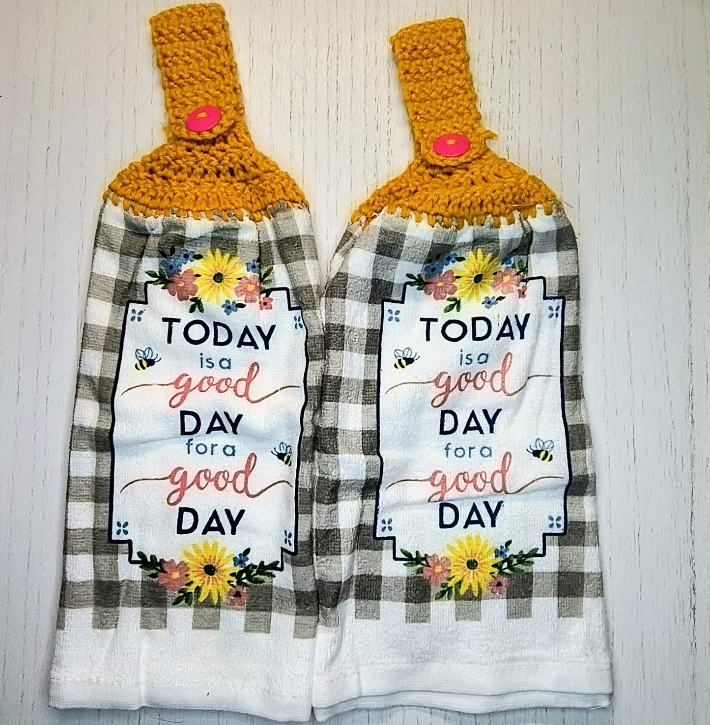 Crochet Top Today is a Good Day Floral Hanging Dish Towel & Potholder Set