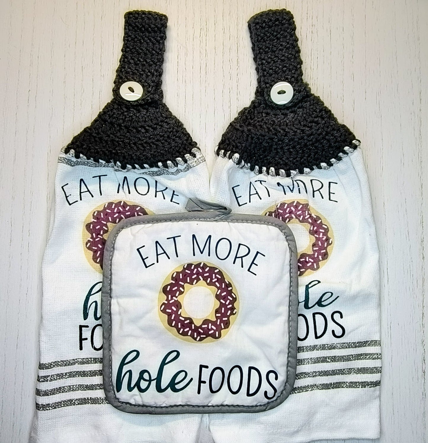 Crochet Top  "Eat More Hole Foods" Donut Hanging Dish Towel/Pot Holder Set