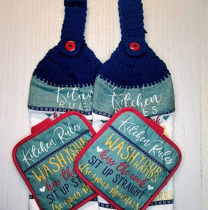 Crochet Top Kitchen Rules Hanging Dish Towel & Potholder Set