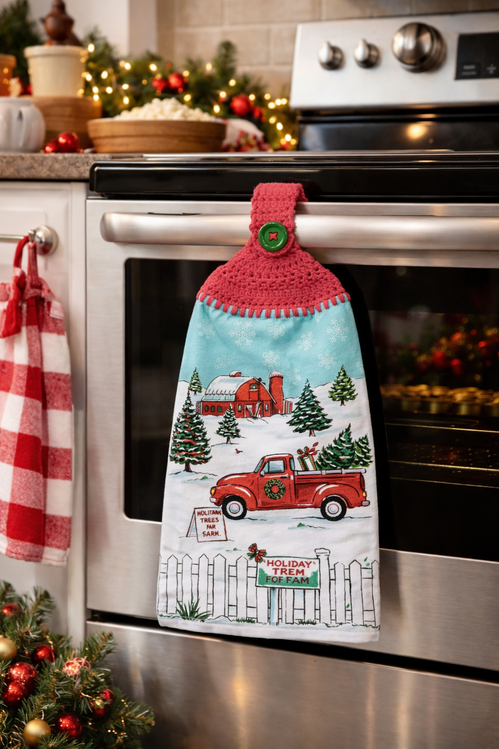 Crochet Top Christmas Red Truck & Tree Farm Hanging Kitchen Towel