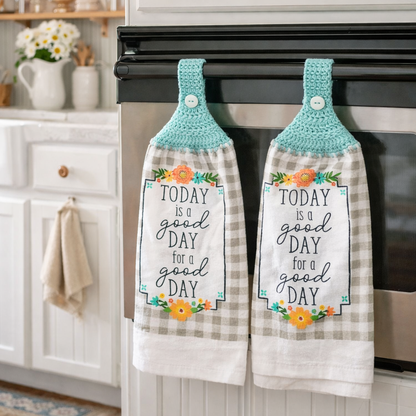 Today is a Good Day Teal Crochet Top Hanging Dish Towel & Potholder Set
