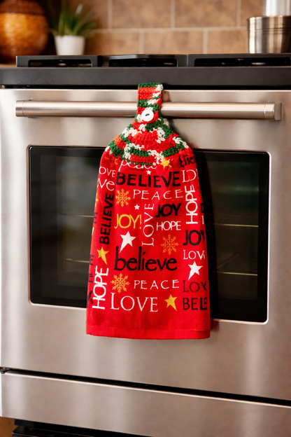 Festive Joy, Believe, Peace, Love Holiday Crochet Hanging Dish Towel