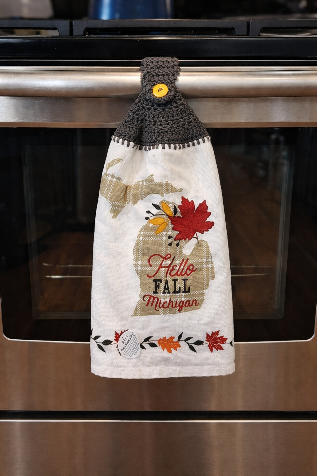 Michigan Hello Fall Autumn Leaves Crochet Top Kitchen Towel