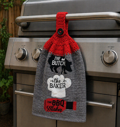Crochet Top The Butcher, The Baker, The BBQ Maker Pig Silhouette Hanging Dish Towel