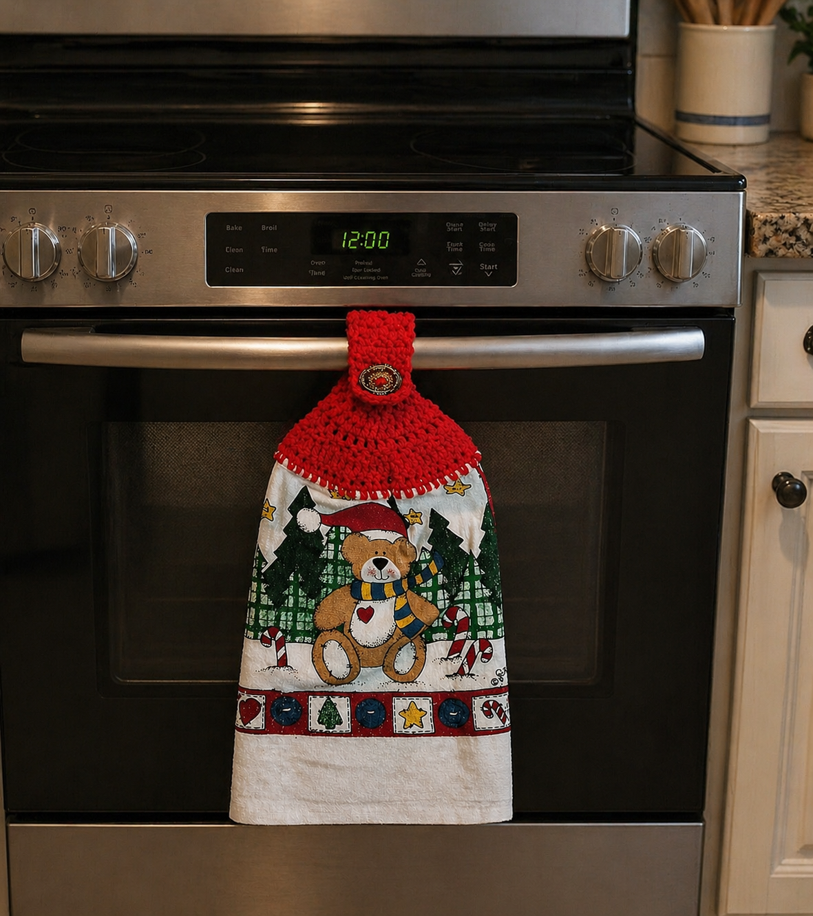 Handmade Half Crochet Dish Towel - Primitive Bear & Trees Patchwork, Vintage Inspired Kitchen Towel