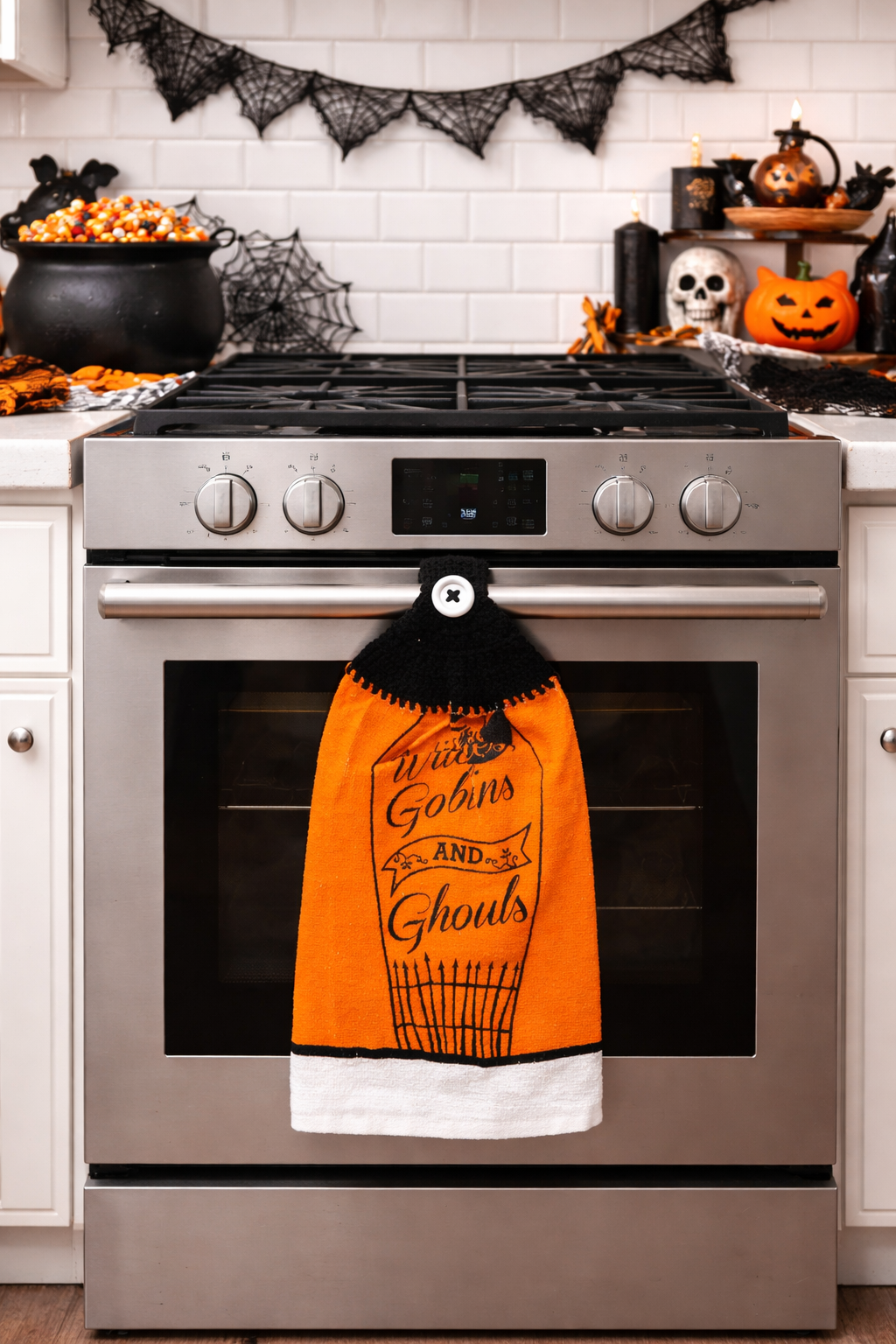 Crochet Top Witches, Goblins and Ghouls Hanging Kitchen Towel
