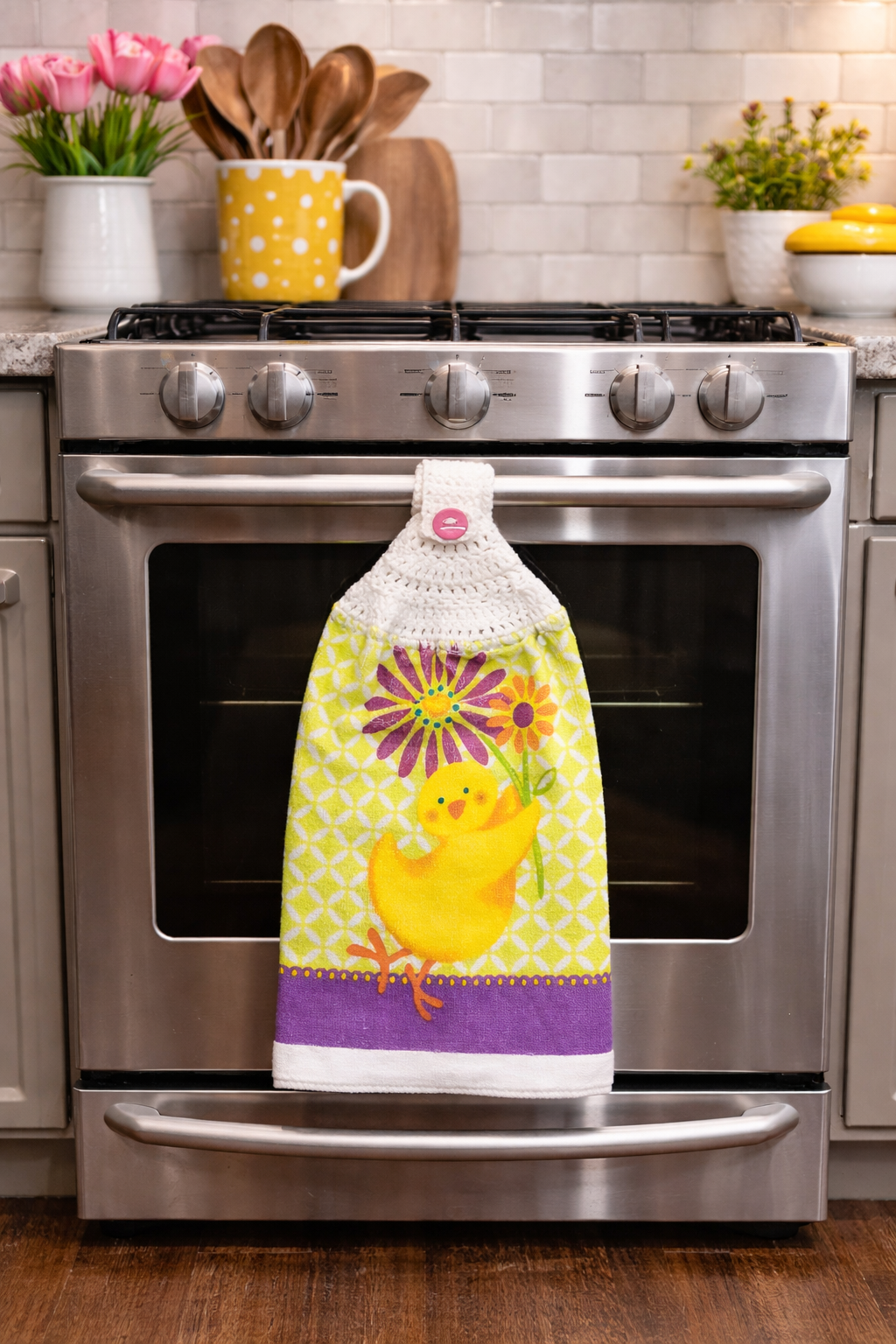 Crochet Top Whimsical Yellow Chicken & Floral Top Hanging Dish Towel