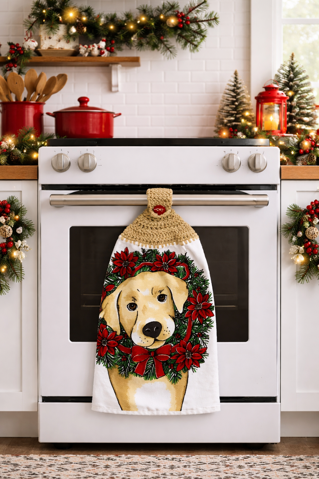 Crochet Top Golden Retriever Christmas Wreath Hanging Dish Towel