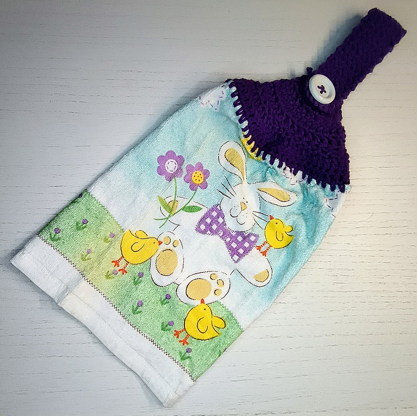 Crochet Top Vintage Easter Bunny and Chicks Hanging Dish Towel