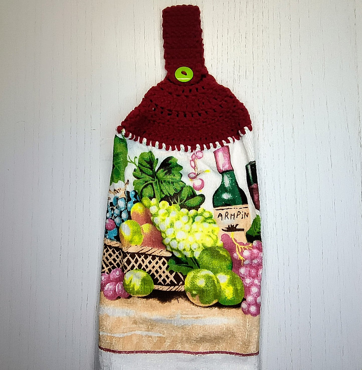 Crochet Top Wine Bottle & Grapes Hanging Kitchen Towel
