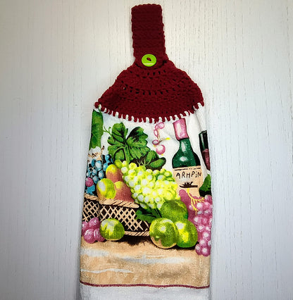 Crochet Top Wine Bottle & Grapes Hanging Kitchen Towel