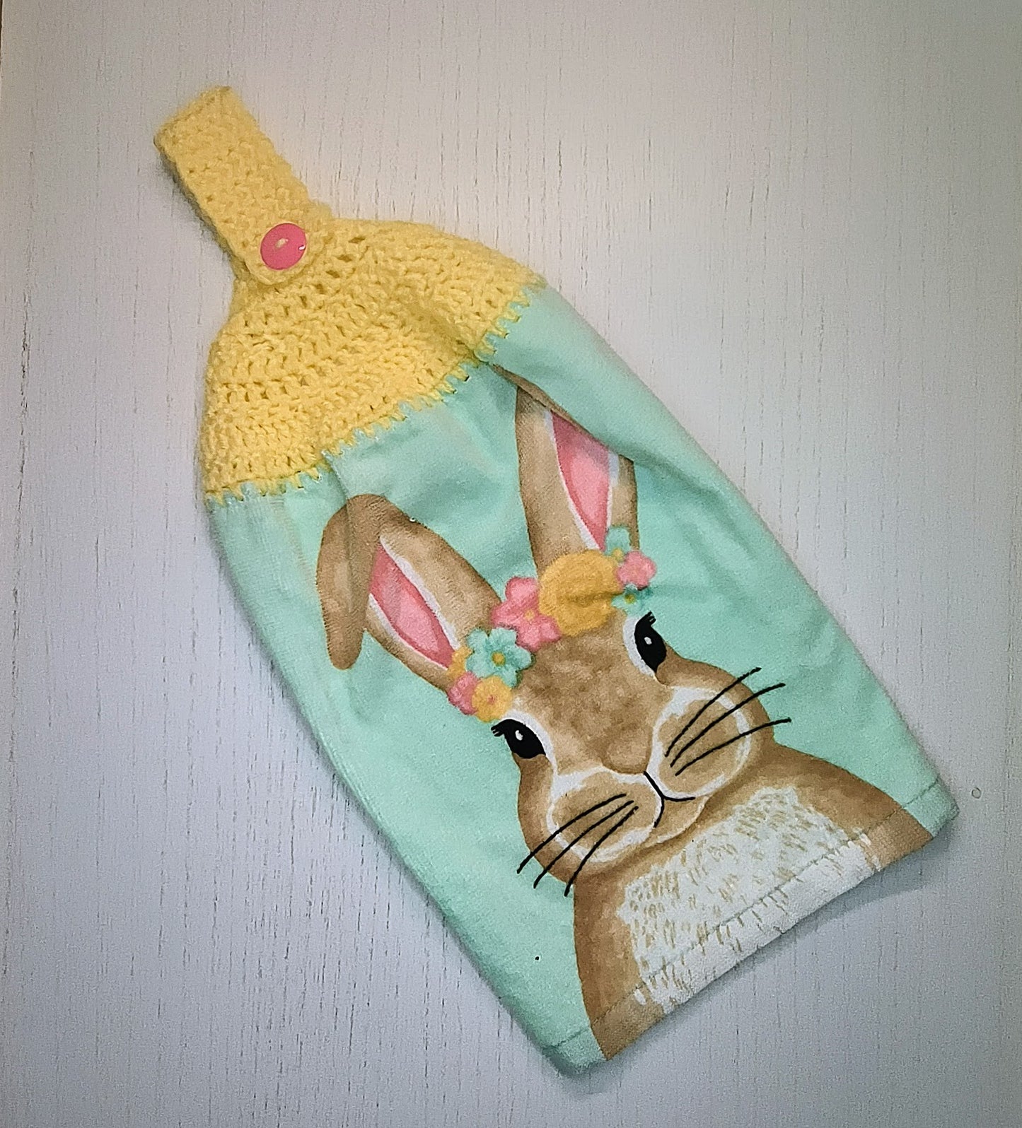 Crochet Top Floral Easter Bunny Hanging Kitchen Towel