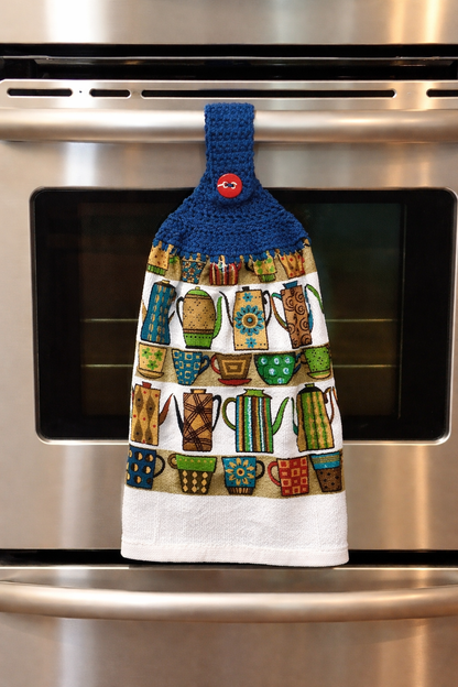 Crochet Top Coffee Pot Print Hanging Kitchen Towel