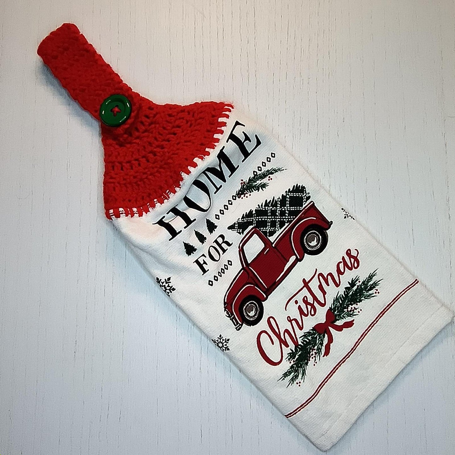 Crochet Top Home For The Holiday Red Truck Christmas Dish Towel