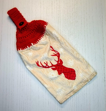 Red Reindeer Head Crochet Hanging Dish Towel - 100% Cotton Kitchen Towel - Cabin Decor - Housewarming Gift
