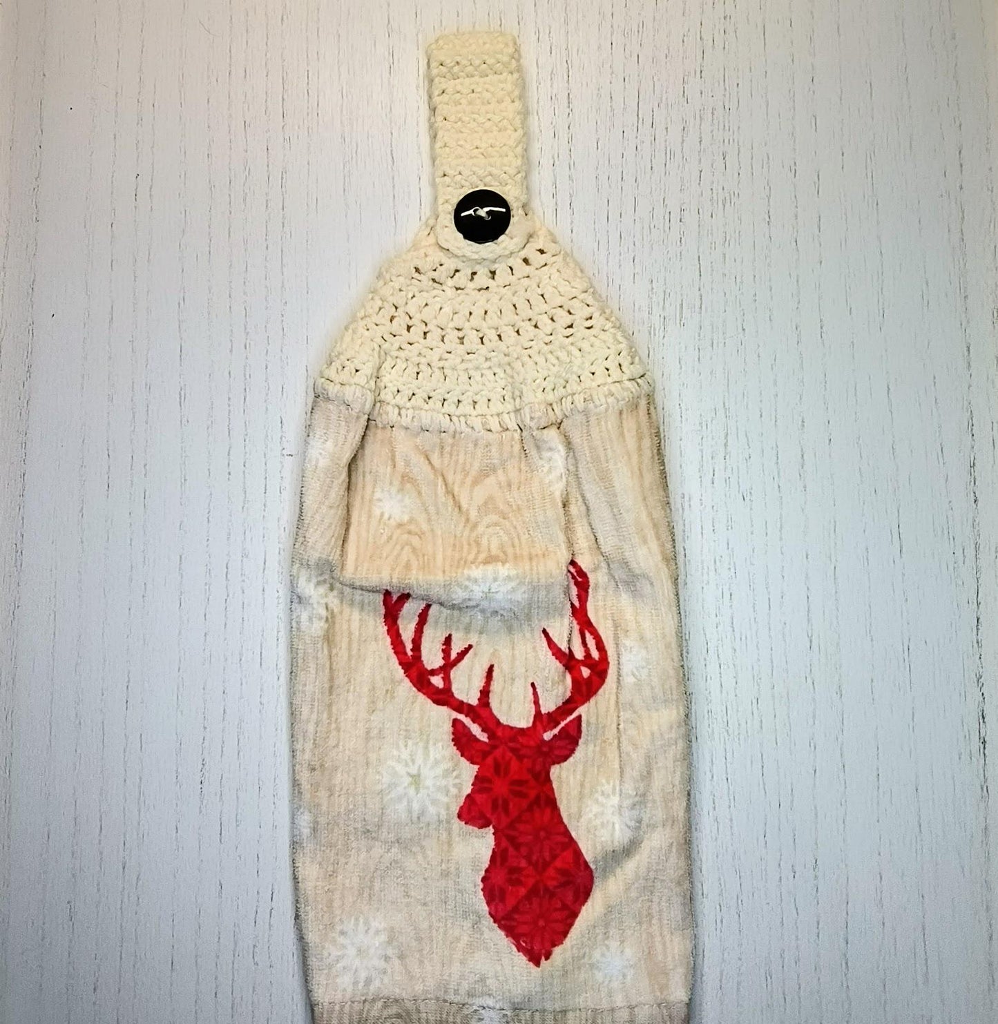 Red Reindeer Head Crochet Hanging Dish Towel - 100% Cotton Kitchen Towel - Cabin Decor - Housewarming Gift