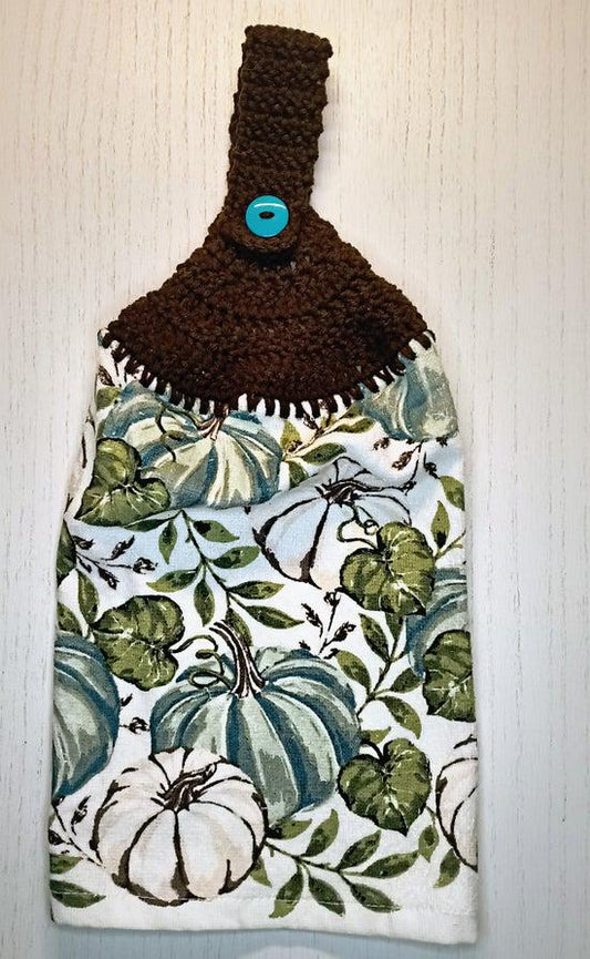 Fall Teal & White Pumpkin Crochet Top Hanging Dish Towel
