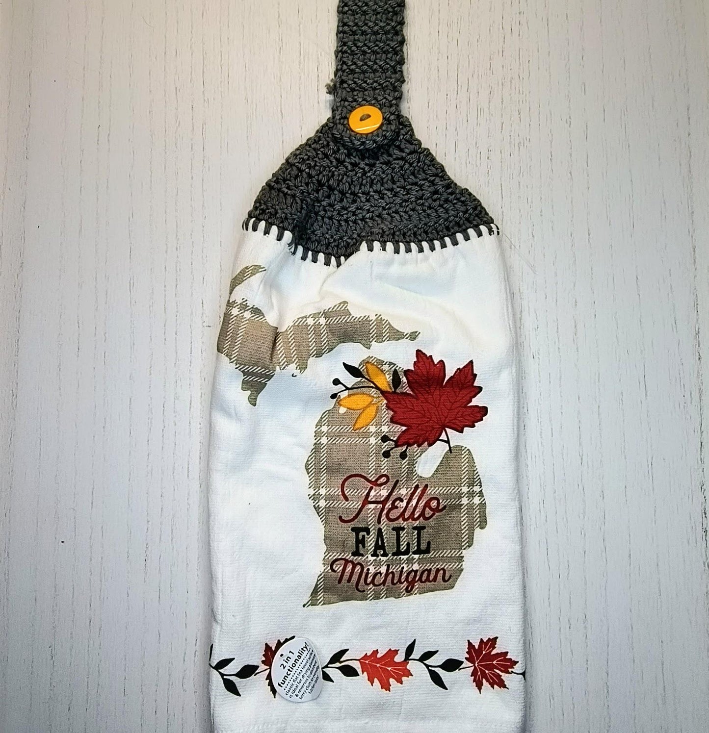 Michigan Hello Fall Autumn Leaves Crochet Top Kitchen Towel
