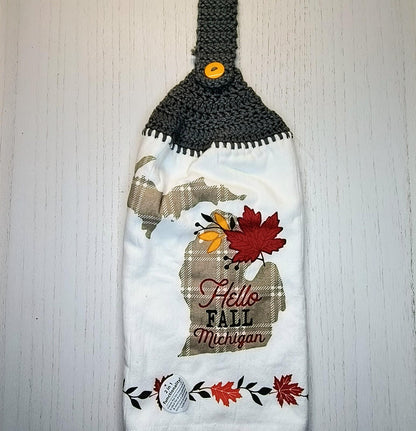 Michigan Hello Fall Autumn Leaves Crochet Top Kitchen Towel