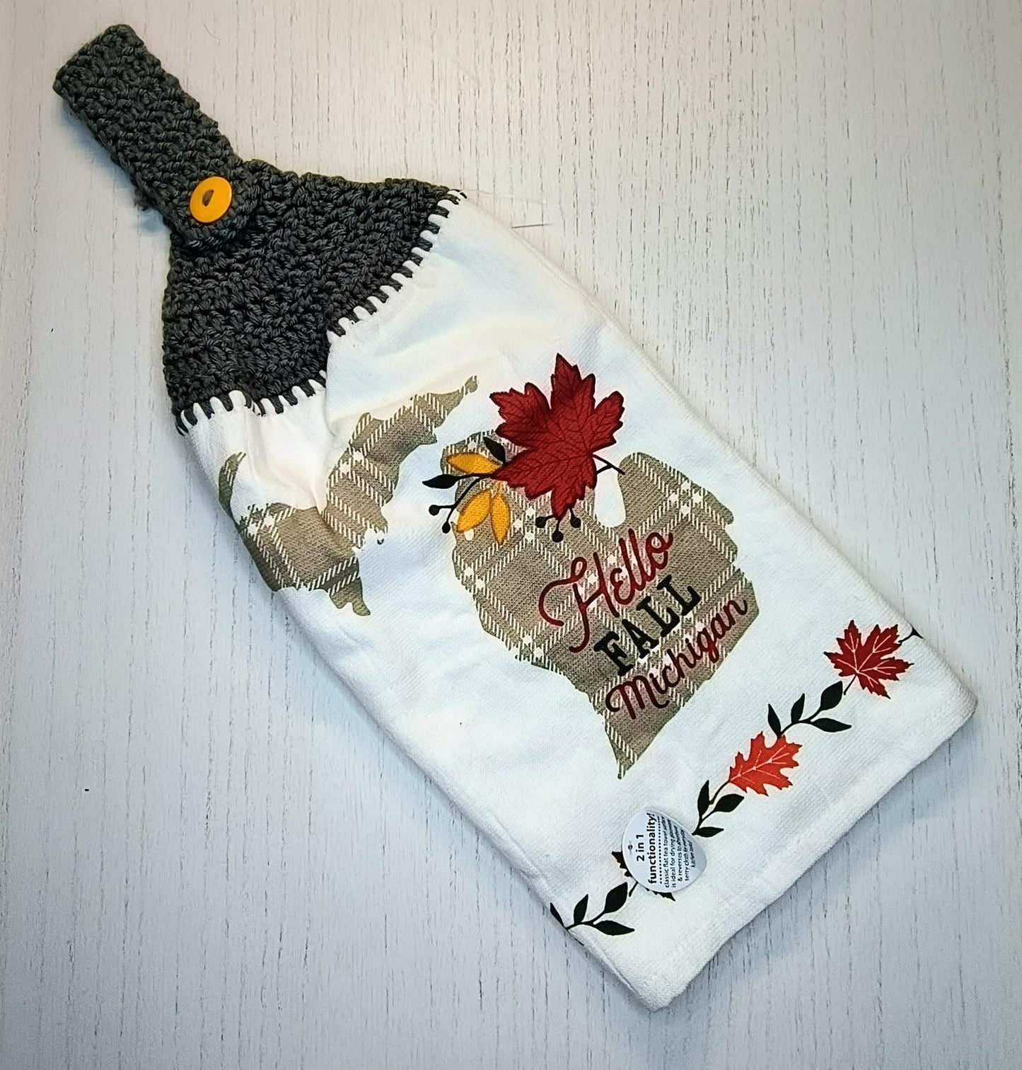 Michigan Hello Fall Autumn Leaves Crochet Top Kitchen Towel