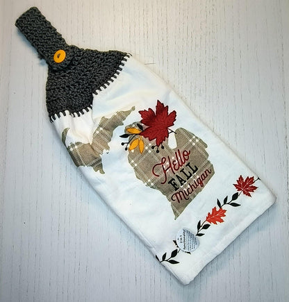 Michigan Hello Fall Autumn Leaves Crochet Top Kitchen Towel