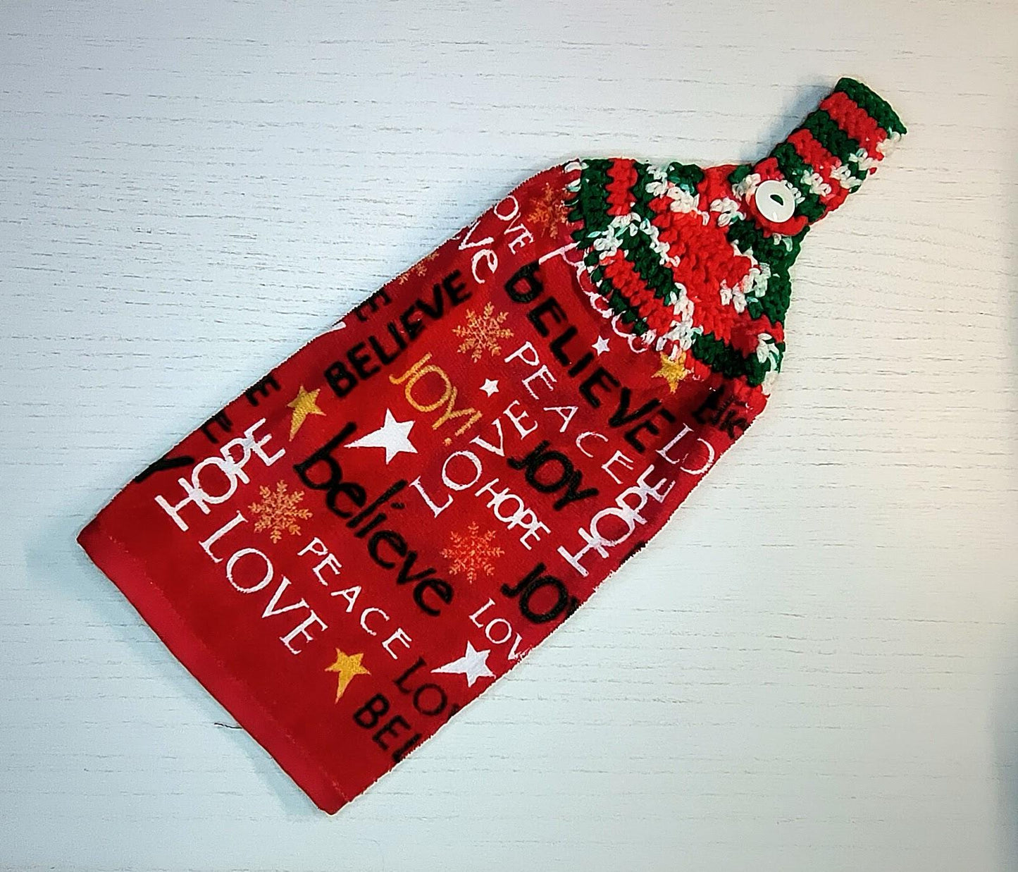 Festive Joy, Believe, Peace, Love Holiday Crochet Hanging Dish Towel