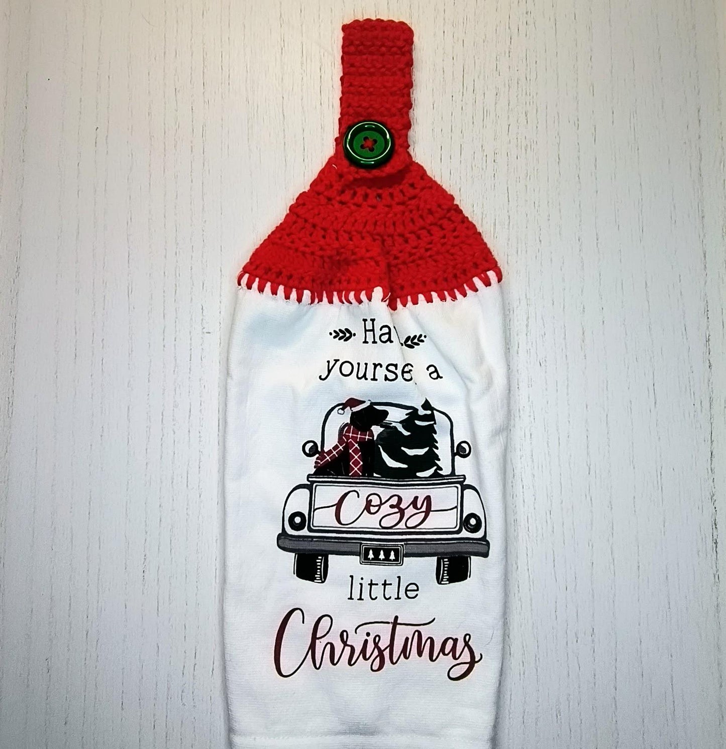 Cozy Christmas Truck Dog Tree Hanging Dish Towel | Crocheted Top Kitchen Towel | Holiday Home Decor Gift