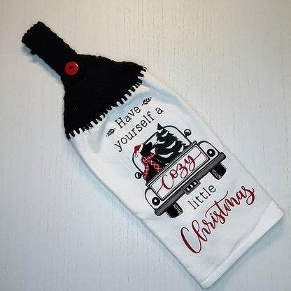 Cozy Christmas Truck Dog Tree Hanging Dish Towel | Crocheted Top Kitchen Towel | Holiday Home Decor Gift