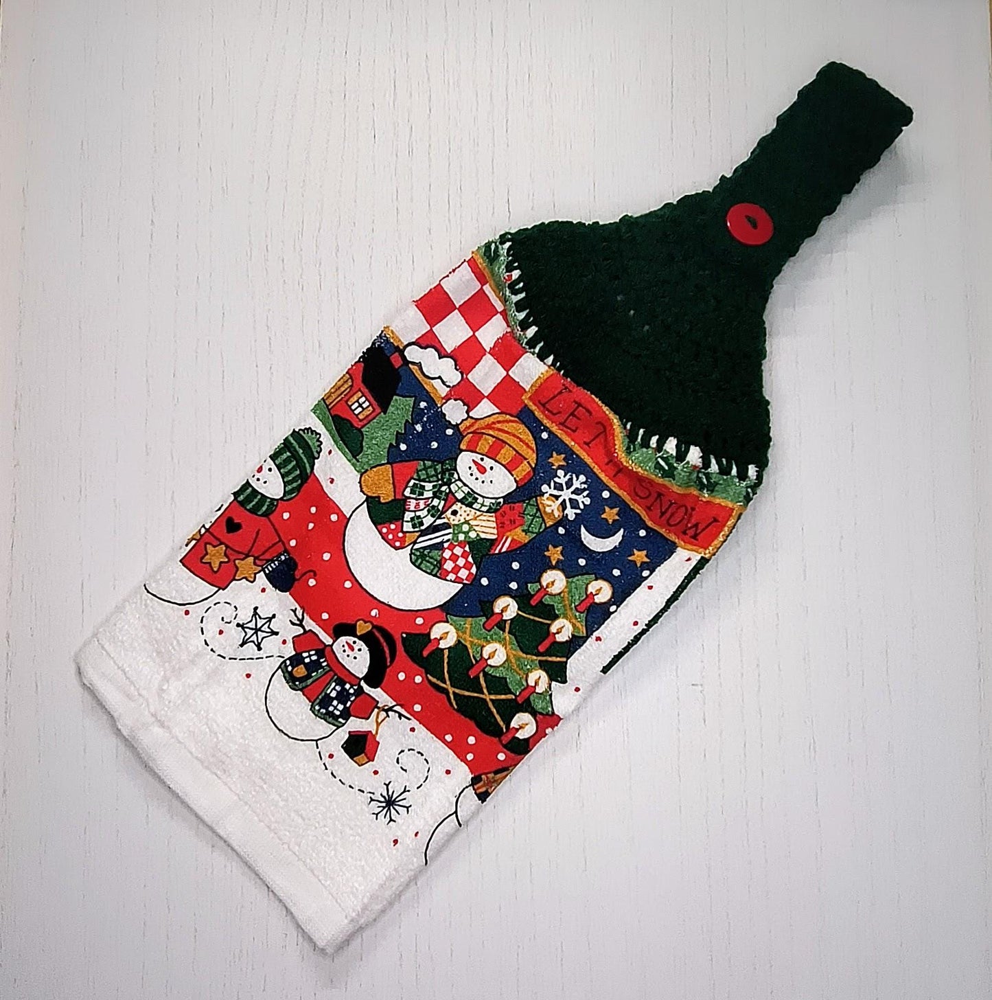 Let It Snow Vintage Christmas Snowman & Trees Crochet Top Hanging Dish Towel