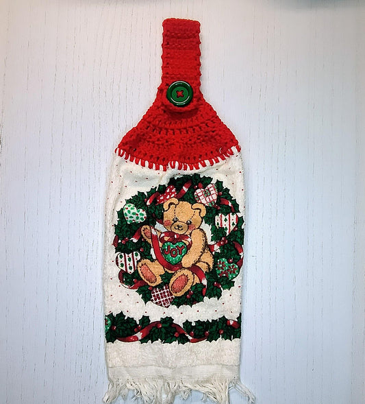 Crochet Top Vintage Christmas Teddy Bear Joy Hanging Dish Towel