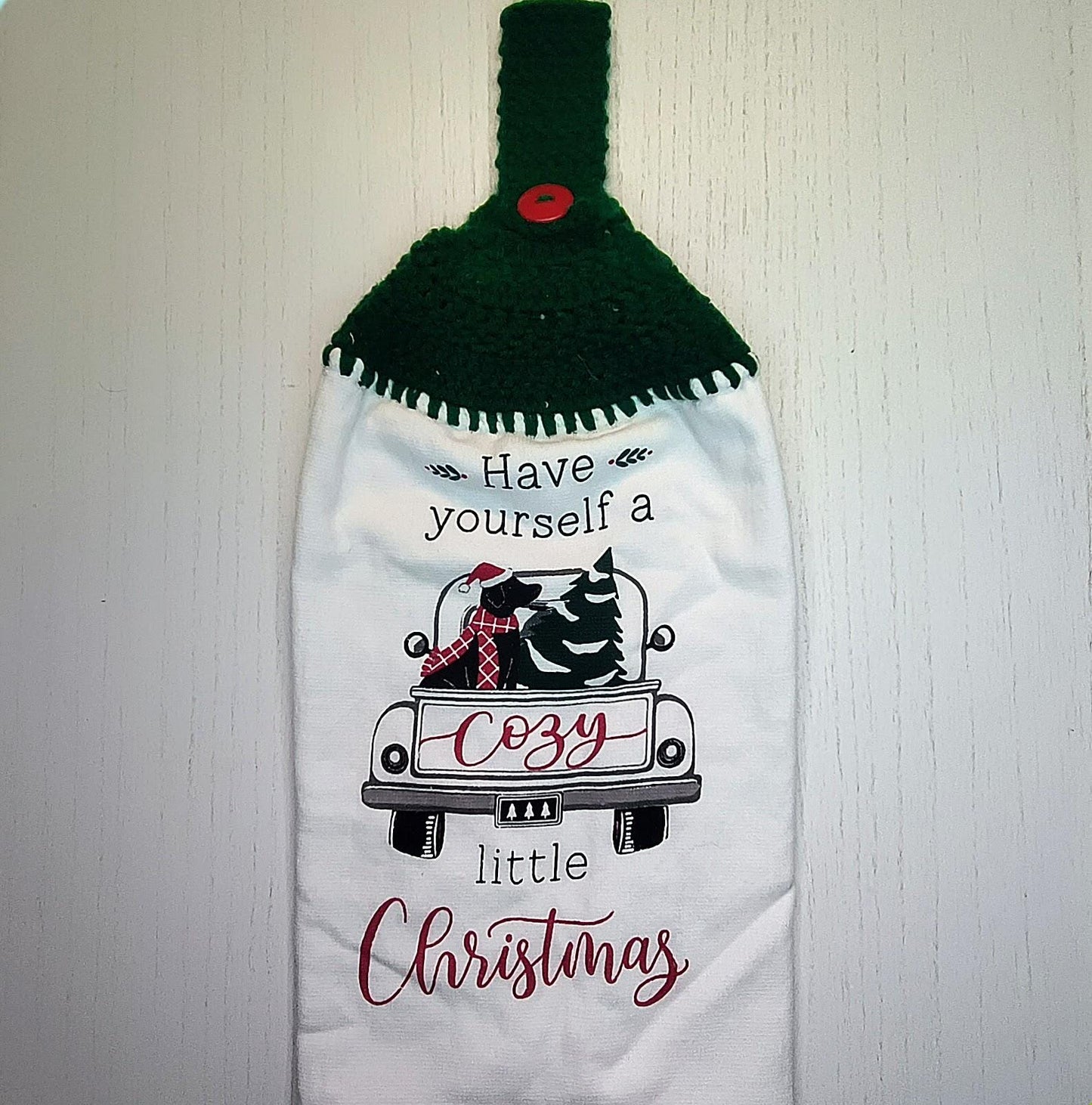 Cozy Christmas Truck Dog Tree Hanging Dish Towel | Crocheted Top Kitchen Towel | Holiday Home Decor Gift