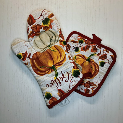 Crochet Top Fall Pumpkins and "Gather"  Hanging Dish Towel Set