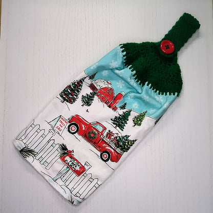 Crochet Top Christmas Red Truck & Tree Farm Hanging Kitchen Towel
