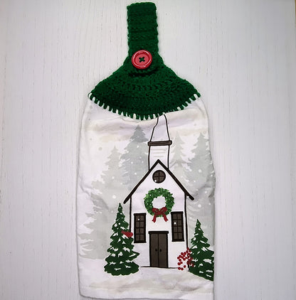 Crochet Top Christmas Church & Pine Tree Hanging Kitchen Towel