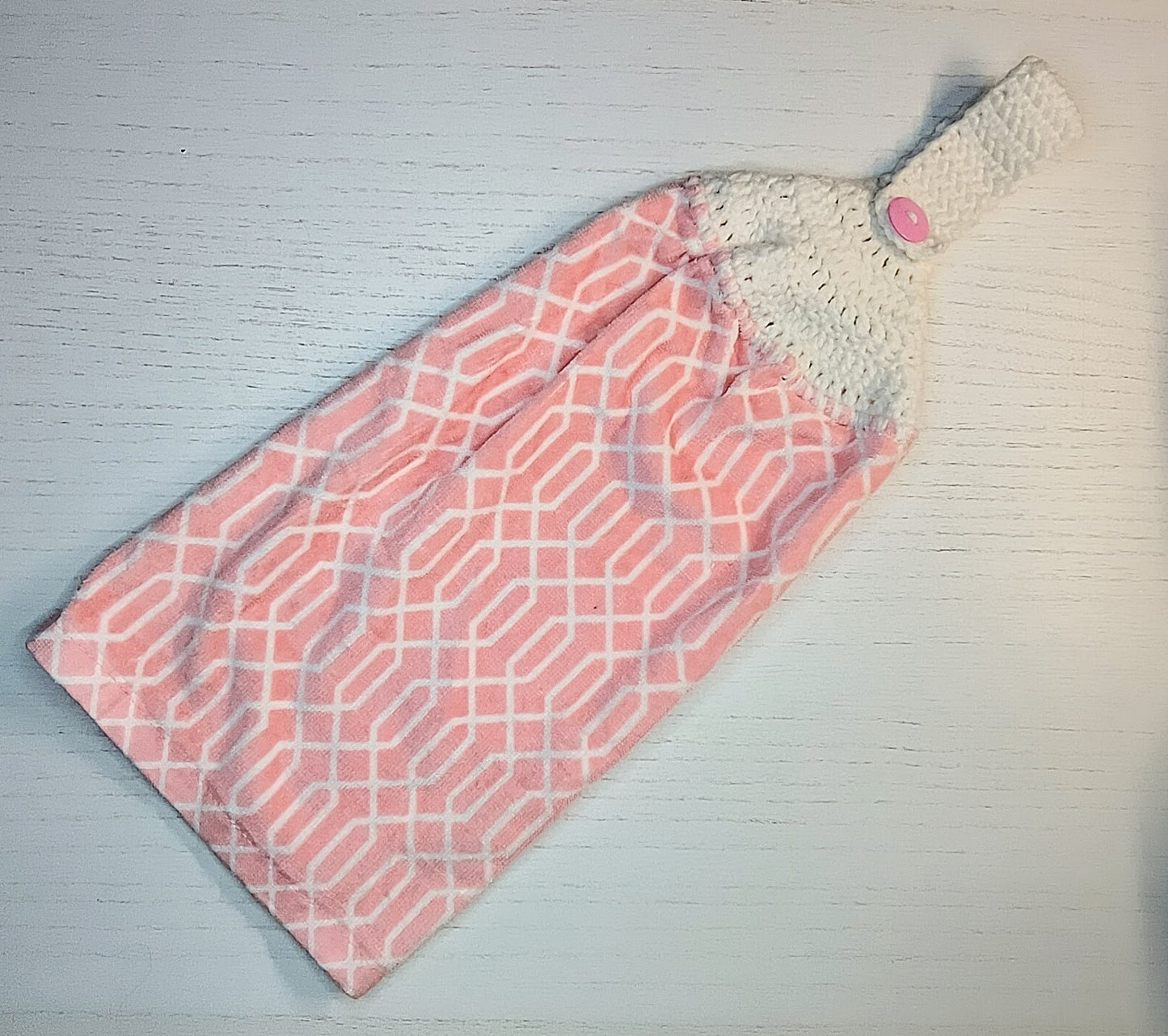 Crochet Top Pink & White Geometric Hanging Kitchen Towel