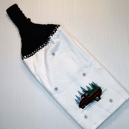 Crochet Top Happiest Holidays Red Truck Hanging Dish Towel