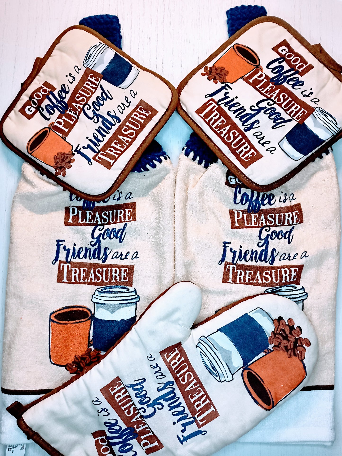 Good Coffee, Good Friends Crochet Top Hanging Dish Towel Set Includes 2 Pot Holders & Oven Mitt - Kitchen Decor and Gift Idea